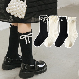 ถุงเท้ายาว ผ้าฝ้าย ประดับโบว์ ไข่มุก สไตล์ญี่ปุ่น สําหรับเด็กผู้หญิง มีสีดํา สีขาว