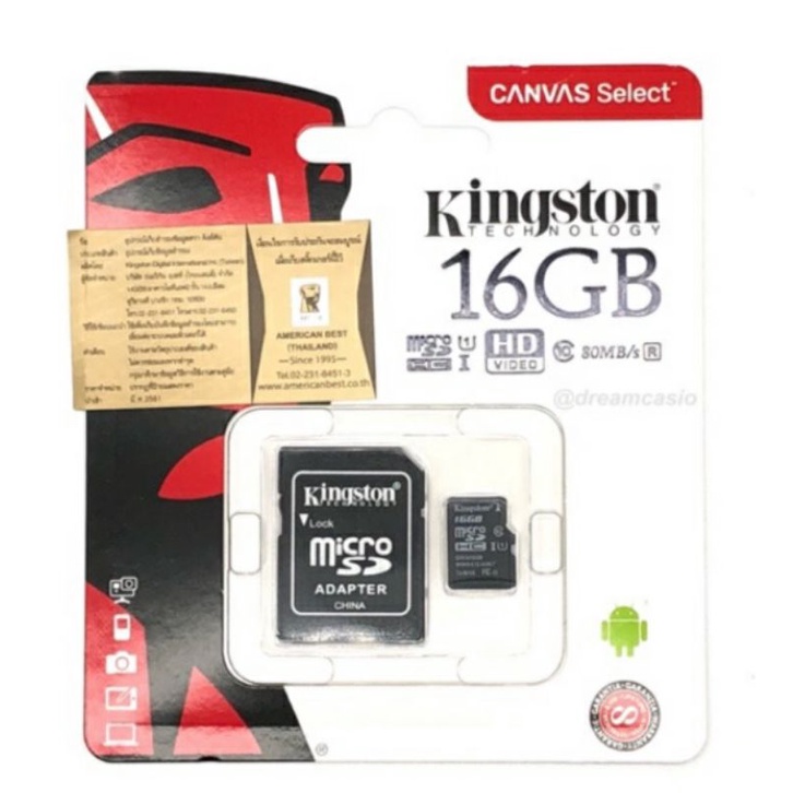 ภาพหน้าปกสินค้าMicro SD Card Kingston 16GB Class 10 Canvas Select UHS-I 80MB/s (SDCS2) + SD Adapter ประกัน Lifetime Synnex