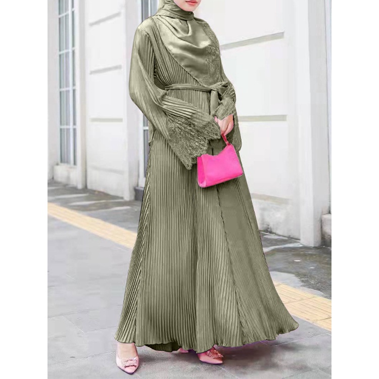 Turkey Muslim Lace Pleated Dress Women Abaya Ramadan Eid Mubarak Kaftan Dubai Vestidos Islam