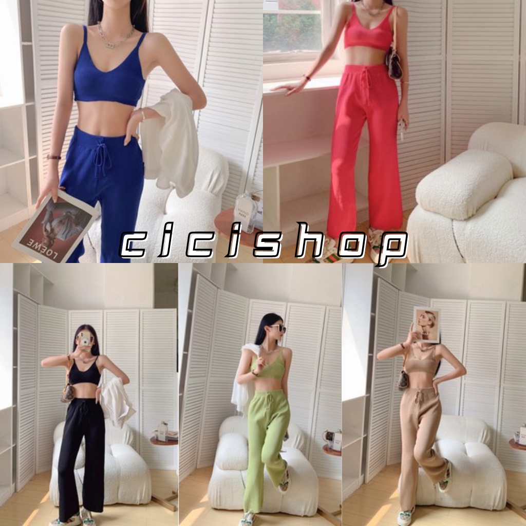 รูปภาพของCicishop(พร้อมส่ง)ชุดเซตครอปสายเดียว+กางเกงขายาว ผ้าไหมพรมknit ผ้ายืดใส่สบาย(A731)ลองเช็คราคา