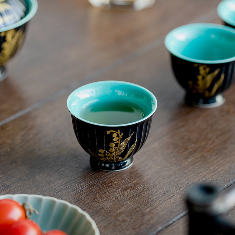 ถ้วยชาเซรามิค-ทรงกลม-ลายกลีบดอกเบญจมาศ-สีฟ้า-ของใช้ในครัวเรือน