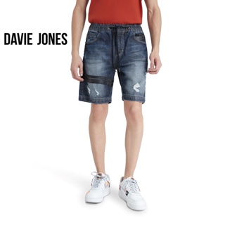 DAVIE JONES กางเกงขาสั้น ผู้ชาย เอวยางยืด สีกรม คาดหนัง Elasticated Shorts in navy SH0039NV