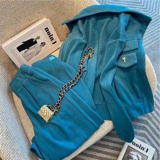 ชุดเสื้อกีฬาลําลอง แบบหนา สีฟ้า และกางเกง สไตล์ฝรั่งเศส เรโทร สําหรับผู้หญิง สองชิ้น
