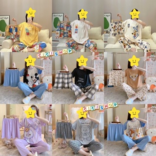 ราคาCicishop(C2093)ชุดนอนเซต3ชิ้นเสื้อยืด+กางเกงขาสั้น,ขายาว สกรีนลายผ้านิ่มใส่สบาย