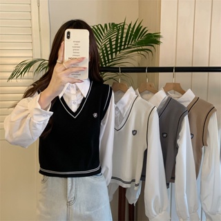 [DODO] พร้อมส่ง🧹เสื้อเชิ้ตแขนยาวพร้อมเสื้อกั๊กปักแต่งด้วยโลโก้ ให้ฟีลนักเรียนเกาหลีสุดๆ สายเกาหลีเกาใจต้องตำ🔥(03015-3)