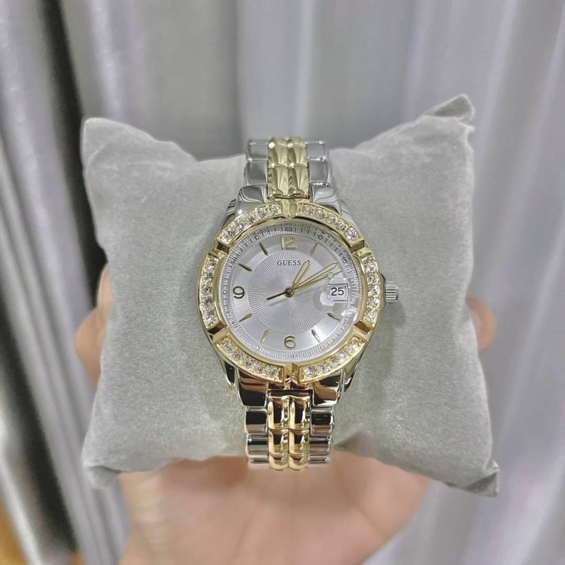 ผ่อน0-นาฬิกา-guess-womens-stainless-steel-two-tone-crystal-accented-watch-ขนาด36มม-หน้าปัดล้อมคริสตัล-ทูโทน