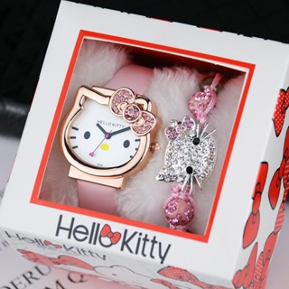 นาฬิกาข้อมือควอตซ์ ลายการ์ตูน Hello Kitty พร้อมกล่องของขวัญ สีชมพู ของแท้ สําหรับเด็กผู้หญิง 2 in 1