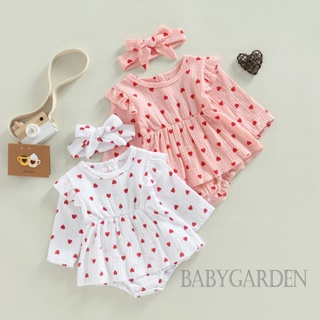 Babygarden-0-18 เดือนเด็กทารกวันวาเลนไทน์ Romper หัวใจพิมพ์คอกลมแขนยาวกระโปรงกุ๊น Jumpsuits พร้อมแถบคาดศีรษะ