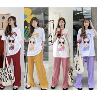 Set เซ็ท 2 ชิ้น เข้าชุด เกาหลี ลายสวย เสื้อยืดสกรีน ลายกราฟฟิก + กางเกงขายาว Holiday Littif Graphic printed trousers