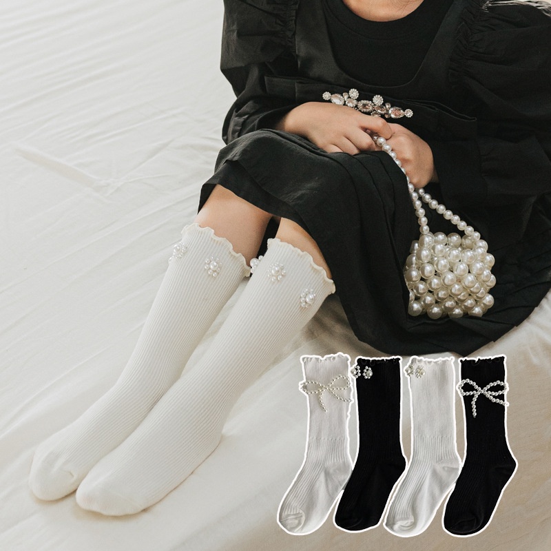 ถุงเท้ายาว-ผ้าฝ้าย-ประดับโบว์-ไข่มุก-สไตล์ญี่ปุ่น-สําหรับเด็กผู้หญิง-มีสีดํา-สีขาว