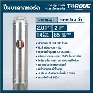 TORQUE ปั๊มบาดาล รุ่น TQ-SP-6BH14-4T (380V) บ่อ4นิ้ว 2HP 14ใบ ท่อออก2นิ้ว (ครบชุด สายไฟ ฝาบ่อ) ดูดน้ำลึก submerse