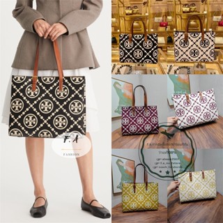 F.A ว่าแท้100% TORY BURCH T MONOGRAM CONTRAST EMBOSSED TOTE BAG กระเป๋าสะพายไหล่สตรีขนาดใหญ่ สายสะพายไหล่ปรับได้ 138919