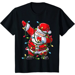 T-Shirt เสื้อยืดผ้าฝ้ายย้อนยุคพิมพ์ลาย Dabbing Santa Christmas Tree สําหรับผู้ชาย ชุดคริสต์มาสใหม่