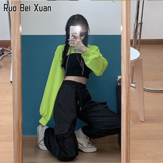 สินค้า RUO BEI XUAN ผู้หญิง Hoodie ใหม่สไตล์เกาหลีหลวมแขนยาวสั้นมีฮู้ดเสื้อสวมหัวฮิปฮอปแนวโน้มแฟชั่น Top