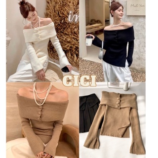 Cici ❣🇹🇭🚚พร้อมส่ง❣(X1466)Knit top เสื้อไหมพรมปาดไหล่แขนยาว กิมมิคกระดุมชิคๆ ดีเทลผ่าปลายเสื้อทรงสวยม๊ากก