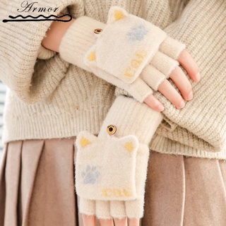 ถุงมือครึ่งนิ้ว ผ้าถักนิตติ้ง แบบนิ่ม ให้ความอบอุ่น พิมพ์ลายอุ้งเท้าแมวน่ารัก แฟชั่นฤดูหนาว สําหรับผู้หญิง