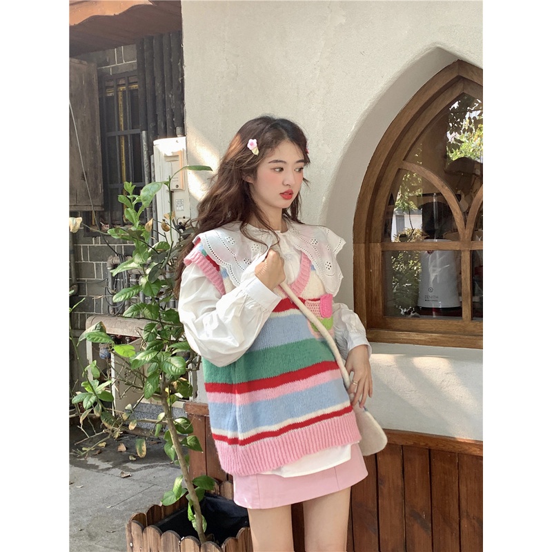 พร้อมส่ง-rainbow-cute-sweater-c3680-เสื้อสเวตเตอร์-เสื้อกันหนาว-เสื้อกันหนาวสไตล์เกาหลี-เสื้อกันหนาวมินิมอล