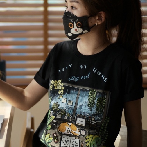 stay-at-home-stay-cool-t-shirt-black-ver-เสื้อยืด-สีดำ-premium-cotton-ลายแมวกับต้นไม้