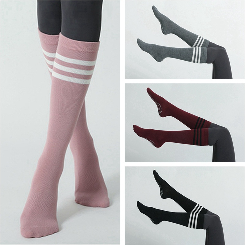 ถุงเท้ายาว-ผ้าฝ้าย-กันลื่น-สีพื้น-เหมาะกับเล่นกีฬา-โยคะ-พิลาทิส-สําหรับผู้หญิง