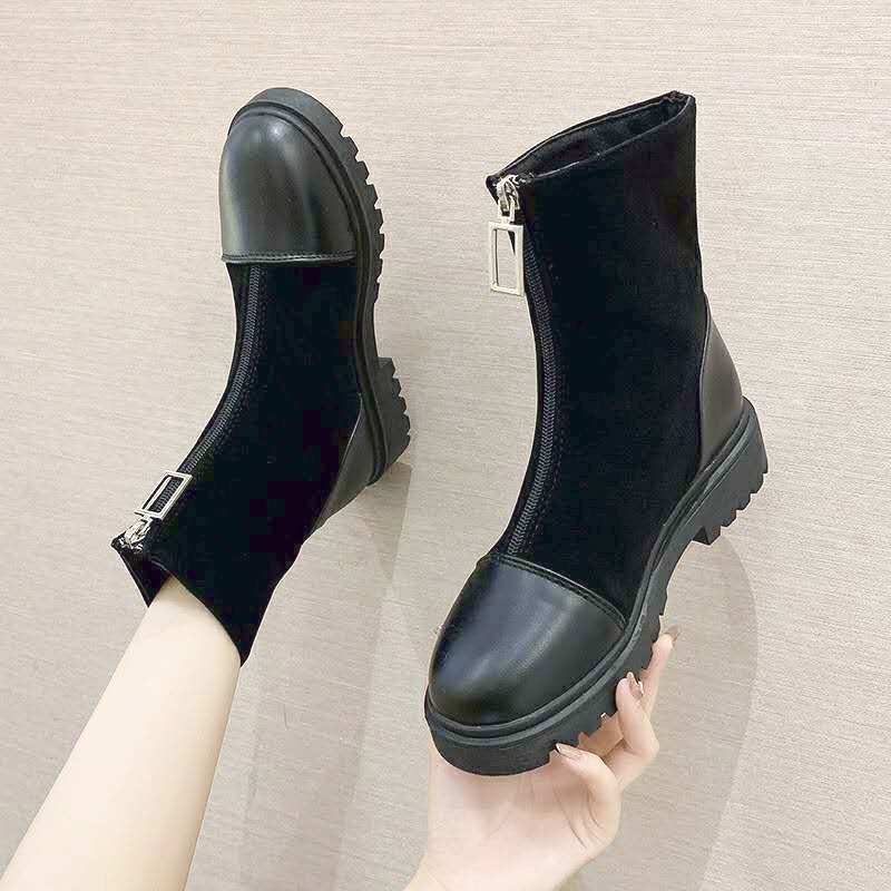 รองเท้าบูทสั้นซิปหน้าผู้หญิง-ฤดูใบไม้ร่วงและฤดูหนาวรองเท้าบูทมาร์ตินแฟชั่นแบนใหม่-รองเท้าบูทสั้นสีดำ