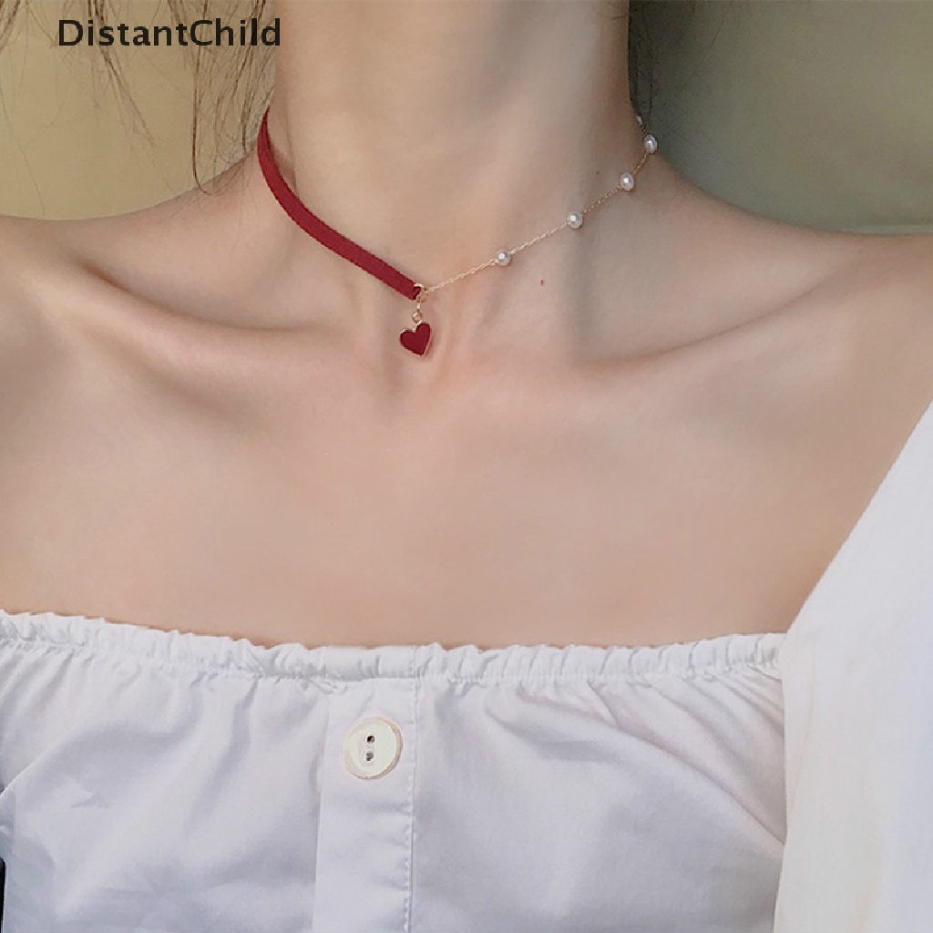 dsth-สร้อยคอโช้คเกอร์-จี้รูปหัวใจ-ประดับมุก-สีแดง-เครื่องประดับแฟชั่นสตรี
