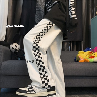 Patchwork Chessboard Plaid Pants Mens Mesh Red Fried Street Sweatpants Straight Loose Casual Trousers Men BOY106