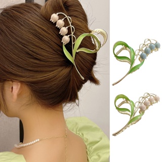 【AG】Claw Clip High Polished Golden Plated Elegant Temperament Non-slip Hair Accessories Alloy Lilies of The Valley Women Head Back Hair Clamp for Thin Medium Hair