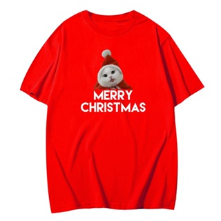 เสื้อยืดใหม่ เตรียมจัดส่ง (พร้อมส่ง)  เสื้อยืด แมว คริสมาสต์ Merry Christmas COTTON 100% มีของพร้อมส่ง ส่งของทุกวันจ้า