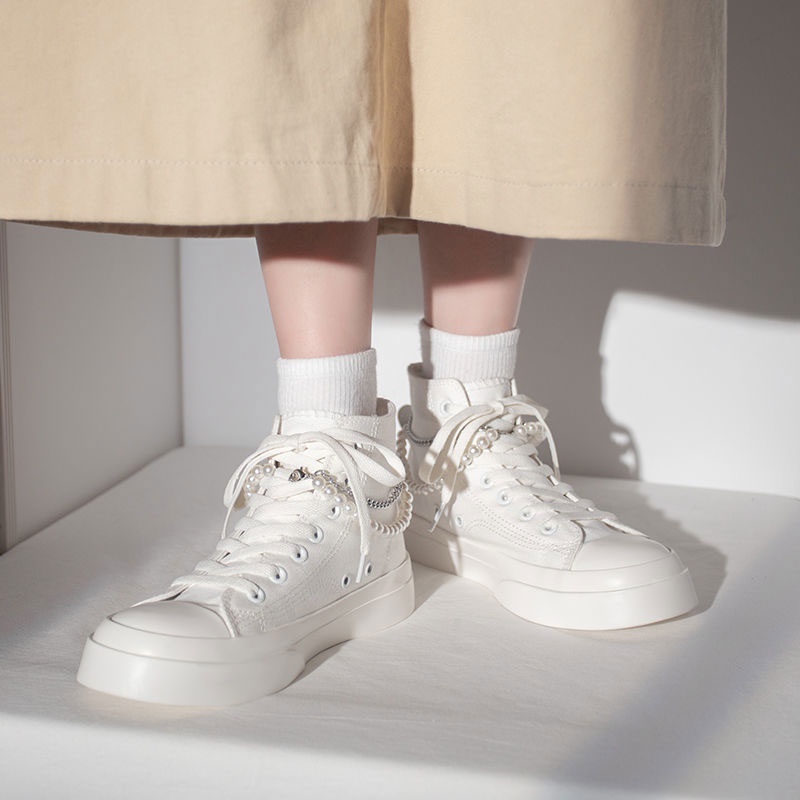renben-อเนกประสงค์สูง-ด้านบนรองเท้าผ้าใบเพิร์ลโซ่-girly-วินเทจหวานน้อยรองเท้าสีขาว
