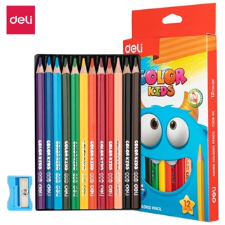 Deli ดินสอสี 12สี ด้ามยาว สีไม้แท่งยาว จำนวน ทำจากพลาสติก เครื่องเขียน สีไม้ไร้สารพิษ Color Pencils