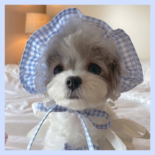 Ins Korea miu Style หมวกเจ้าหญิง ลายสก๊อต สีฟ้า จับคู่หมวก สุนัข แมว หนึ่งขนาด ผูกเชือกขึ้น หมวกสัตว์เลี้ยง หมวกสุนัข