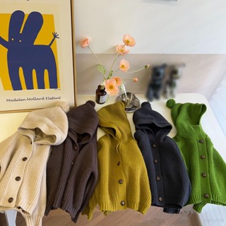 เสื้อกันหนาว มีฮู้ด ผ้าถัก กระดุมแถวเดียว น่ารัก สีพื้น สําหรับเด็กผู้ชาย และเด็กผู้หญิง