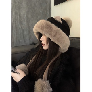 หมวก ผ้าฟลีซ ผ้ากํามะหยี่ขนนิ่ม แต่งหูน่ารัก ให้ความอบอุ่น เข้ากับทุกการแต่งกาย แฟชั่นฤดูหนาว สไตล์เกาหลี สําหรับผู้หญิง