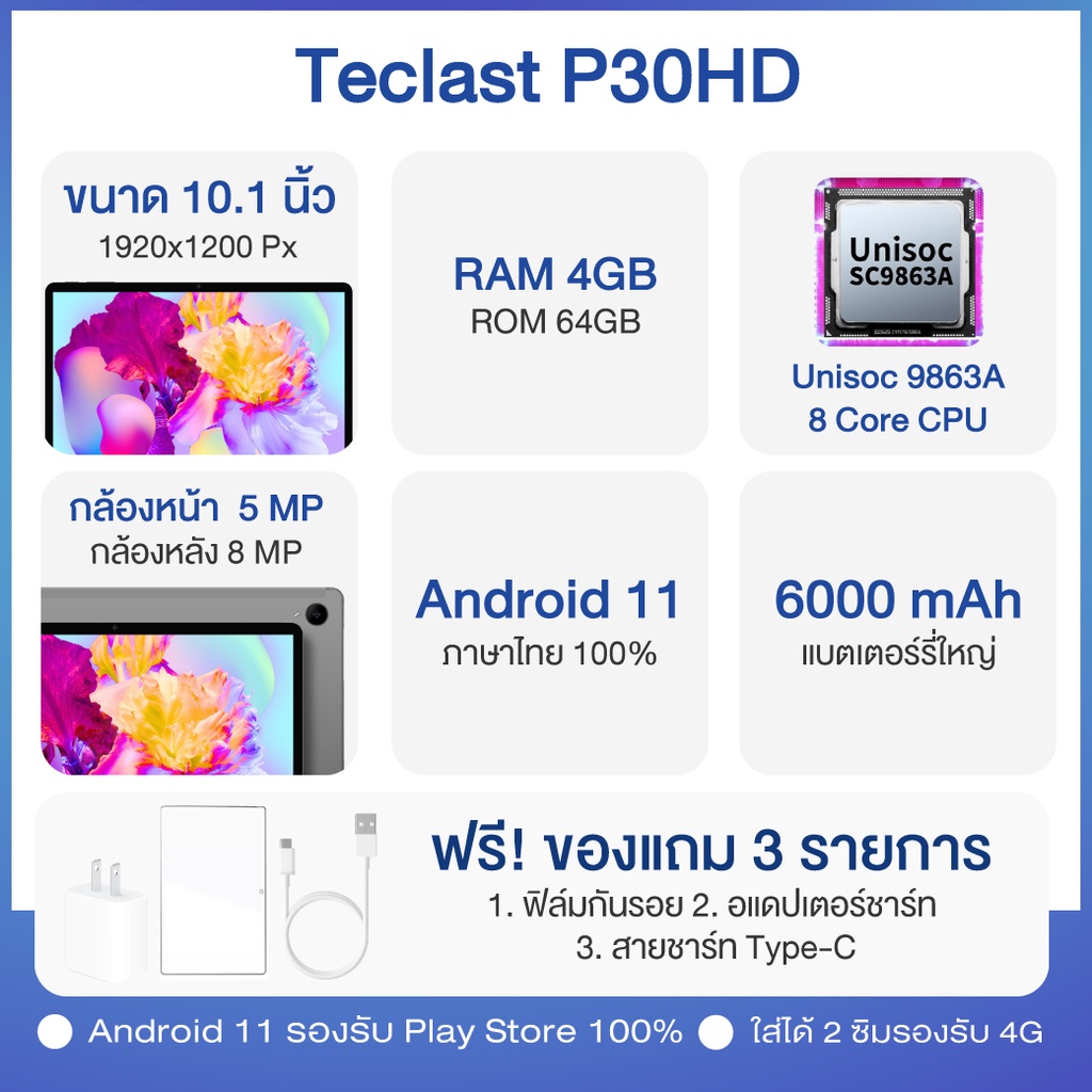 ภาพหน้าปกสินค้าTeclast P30HD 4G โทรได้ Octa Core 10.1 ใส่ได้สองซิม ประกันในไทย 1 ปี จากร้าน suc.seedshop บน Shopee