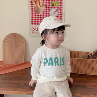 เสื้อกันหนาวแขนยาวลําลอง มีฮู้ด พิมพ์ลายตัวอักษร สไตล์เกาหลี สําหรับเด็กวัยหัดเดิน