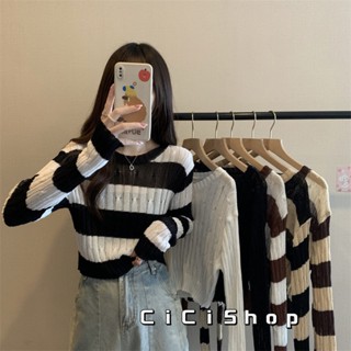 Cicishop(28629)เสื้อแขนยาวไหมพรมคอกลมลายทาง ใส่ได้บ่อยแน่นอน ผ้าไหมพรมนิ่มๆใส่แล้วเป็นสาวเกาหลีมาก