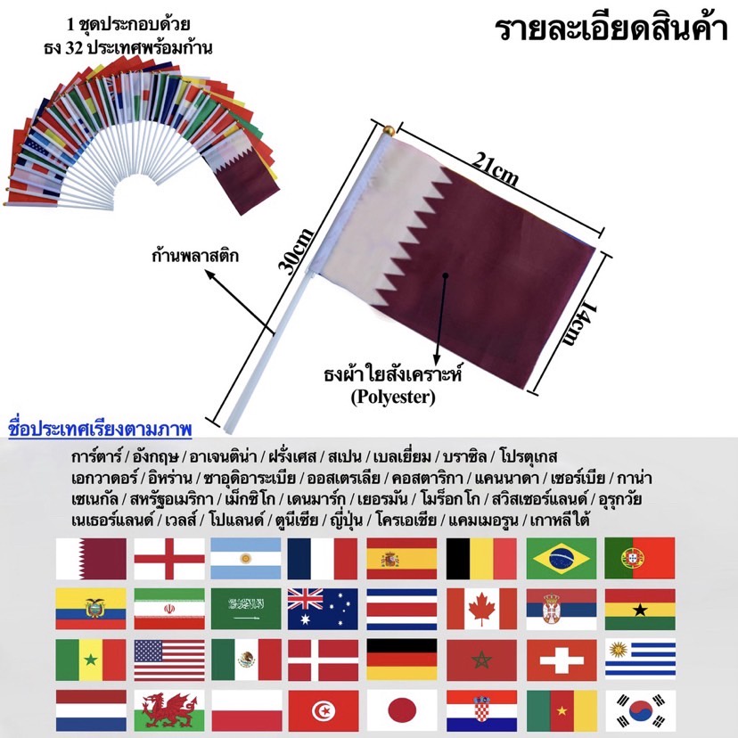 ภาพหน้าปกสินค้าธงบอลโลก 2022 ธงโบกบอลโลก 2022 ธงบอลโลกกาตาร์ 32 ทีมสุดท้าย ธงผ้า14x21cm พร้อมก้าน Worldcup 2022 Qatar พร้อมส่งในไทย จากร้าน juang1649 บน Shopee
