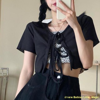 พร้อมส่ง✨เสื้อคาร์ดิแกนสีดำทรงสลิมฟิตแบบผูกเชือกใหม่สำหรับผู้หญิงพร้อมสายเอี๊ยมพิมพ์ลายเสือดาวชุดทูพีซ