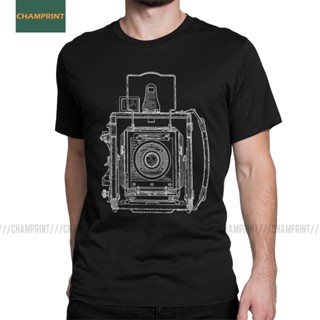 เสื้อยืดไม่ต้องรีด ผู้ชายเสื้อยืดวินเทจการถ่ายภาพ Graflex พิมพ์เขียวผ้าฝ้ายทีเสื้อแขนสั้นกล้องถ่ายภาพ  เสื้อยืดสีพื้น