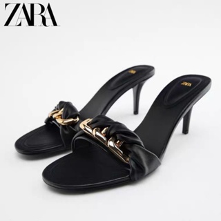Zara รองเท้าส้นสูง แต่งสายโซ่ สีดํา แฟชั่นฤดูร้อน สําหรับผู้หญิง 2022