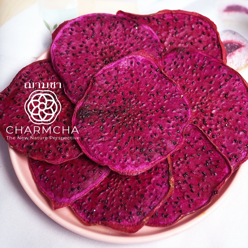 แก้วมังกร-red-dragon-fruit-ชาผลไม้-ใช้ตกแต่งเครื่องดื่มอาหารได้-ฌามชา-แก้วมังกรสไลด์-แก้วมังกรอบแห้ง-ตกแต่ง-charmcha