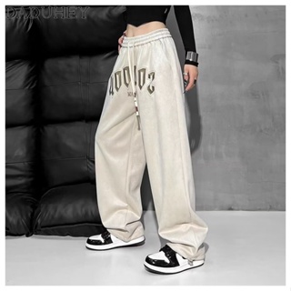 DaDuHey💕 Womens American-Style Retro Hiphop High Street Letter Embroidered Pants Loose Wide Leg Drooping Straight Casual Pant