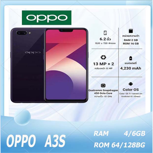 ภาพหน้าปกสินค้ามือถือของแท้ OPPO A3S RAM 4/6GB ROM 64/128GB (ประกัน 12 เดือน) แถมอุปกรณ์เสริมที่ออกโดย Thailand Center