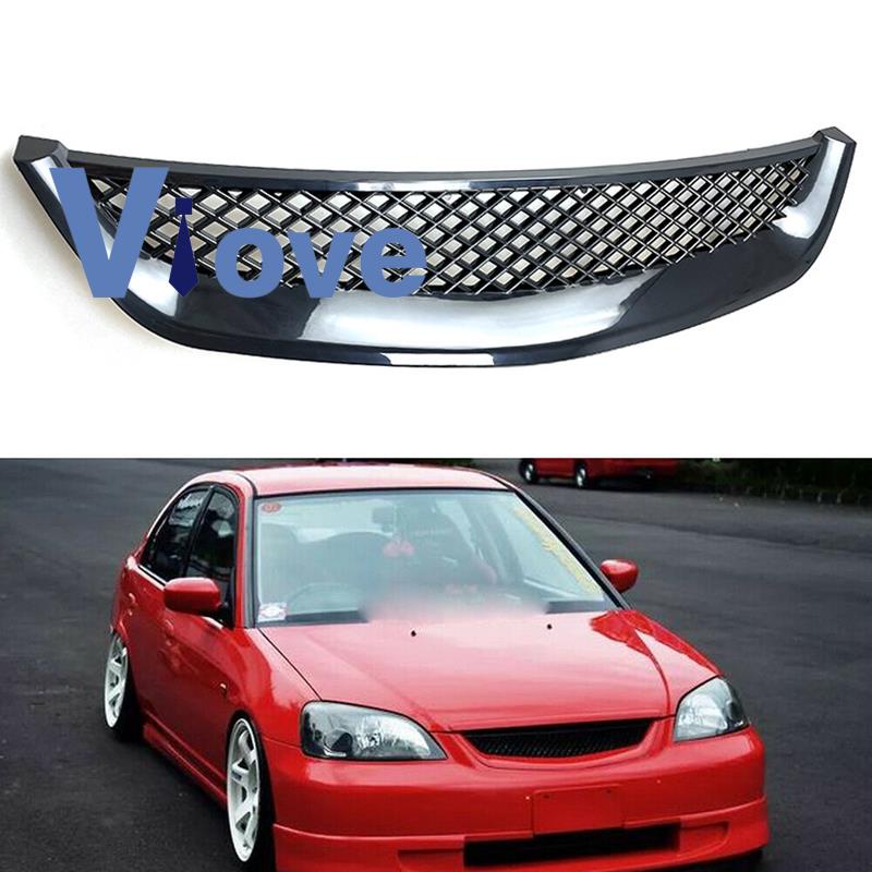 ตะแกรงกระจังหน้ารถแข่งตาข่ายสีดํามันวาวสําหรับ-honda-civic-jdm-type-r-2001-2003-2dr-4dr-em-es