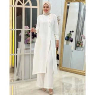 Putih Adeline SET 2IN1 | ขนาด M L XL XXL | ชุดเสื้อ+กางเกง (ไม่รวม HIJAB) จีบรอบ สีขาว แฟชั่นสไตล์เกาหลี สําหรับผู้หญิงมุสลิม