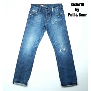 ยีนส์ริมแดง Selvedge Pull &amp; Bear เอว 34 ผ้าด้านแต่งขาดเดิม ขากระบอก