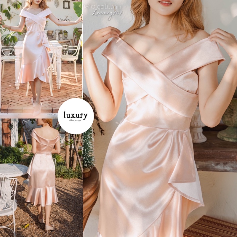 LX9590  Midi dress ทรงเปิดบ่า ดีเทลไขว้อก ชุดออกงานทางการ ทรงสุภาพ ชุดพิธีการ เดรสทำงาน [LUXURY707]
