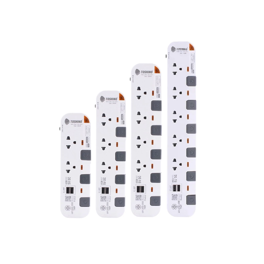 Toshino รางปลั๊กไฟ 2-5 ช่อง พร้อมพอร์ต USB 2 ช่อง สายยาว 3 / 5 เมตร รุ่น P3375USB สีขาว-เทา