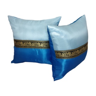 (เฉพาะปลอก) ชุดปลอกหมอน 2 ชิ้น สไตล์ลายคาดช้างไทย สีฟ้า (Thai Twin Pillow Cover)