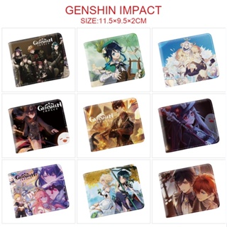 กระเป๋าสตางค์ หนัง PU ใบสั้น พิมพ์ลายการ์ตูนเกม Genshin Impact แบบพับได้ สําหรับใส่เหรียญ บัตรรอง